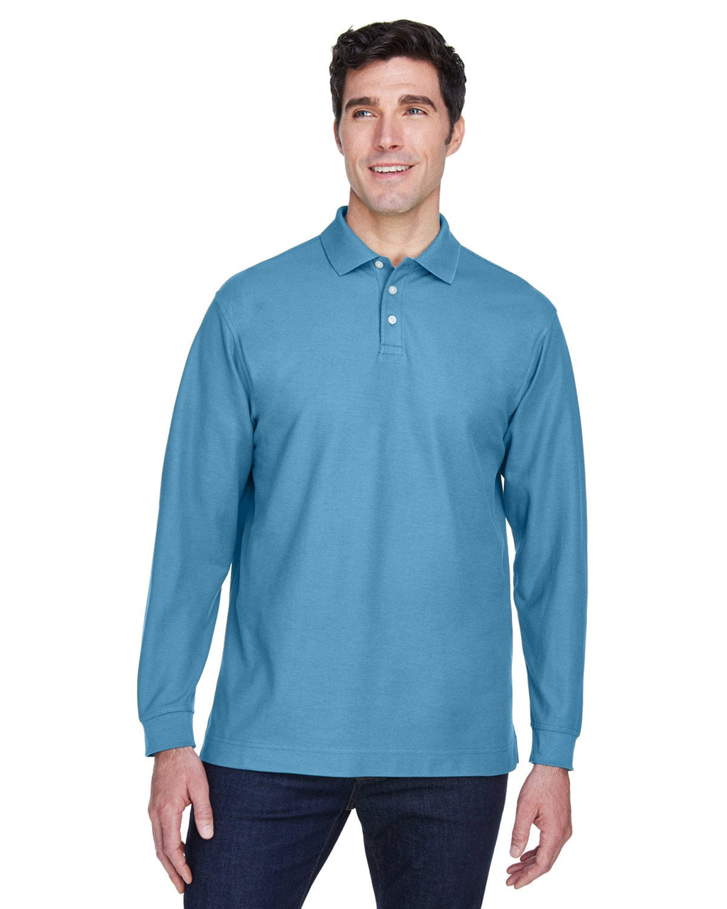Devon & Jones Fine Pima Pique Long Sleeve Polo Shirt D110 | Slate Blue - Front