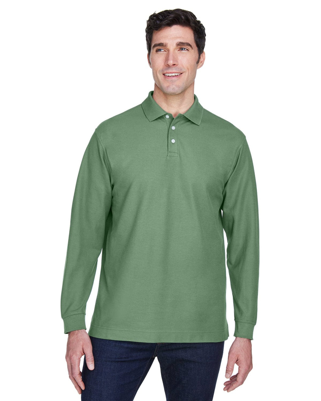 Devon & Jones Fine Pima Pique Long Sleeve Polo Shirt D110 | Dill - Front