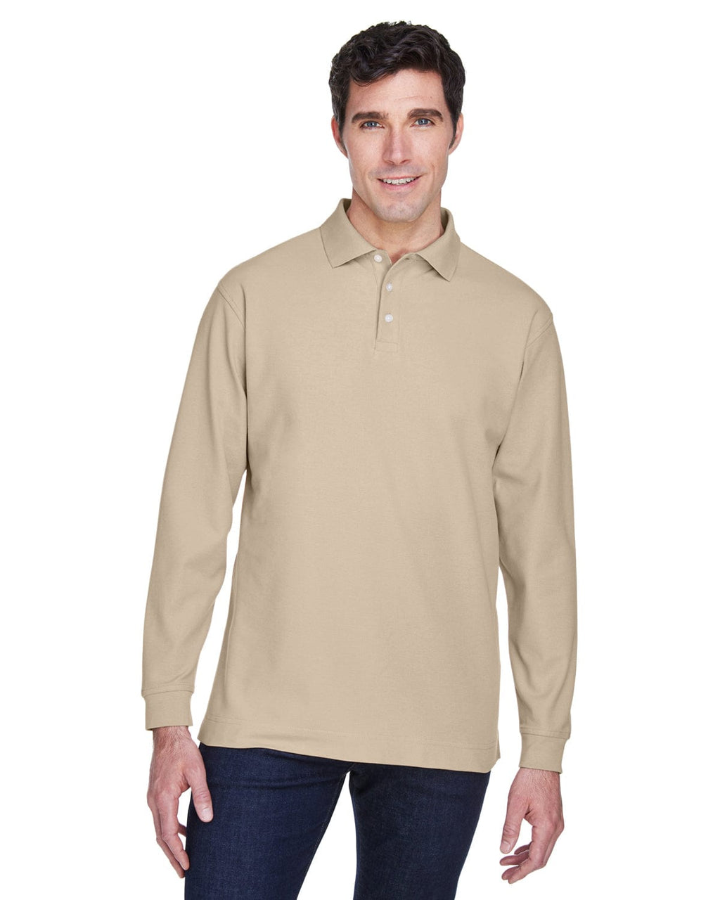 Devon & Jones Fine Pima Pique Long Sleeve Polo Shirt D110 | Stone - Front