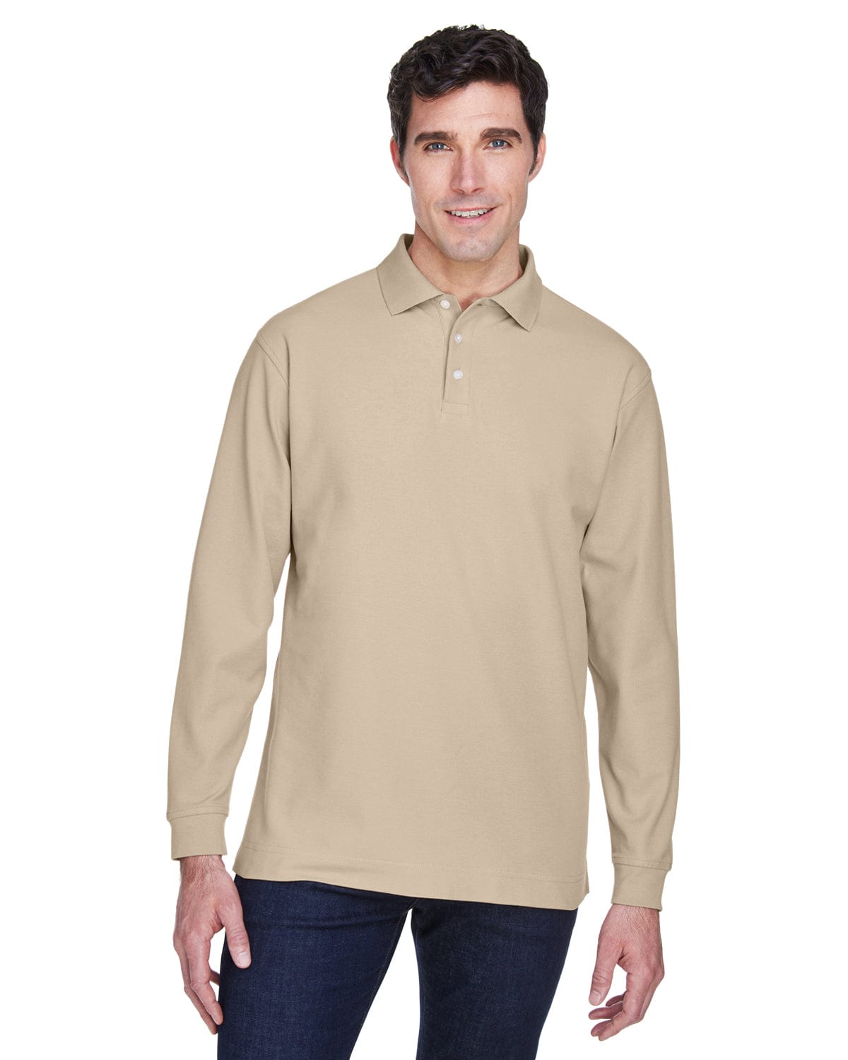 Devon & Jones Fine Pima Pique Long Sleeve Polo Shirt D110 | Stone - Front