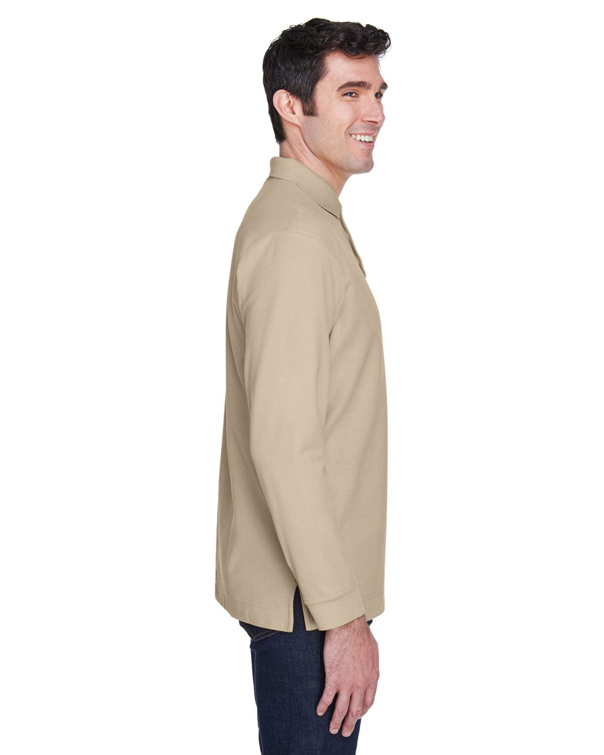 Devon & Jones Fine Pima Pique Long Sleeve Polo Shirt D110 | Stone - Side