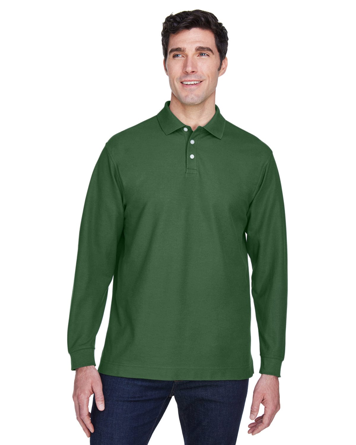 Devon & Jones Fine Pima Pique Long Sleeve Polo Shirt D110 | Forest - Front