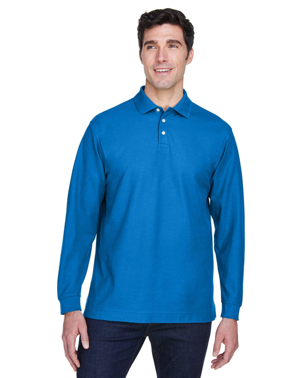 Devon & Jones Fine Pima Pique Long Sleeve Polo Shirt D110 | French Blue - Front