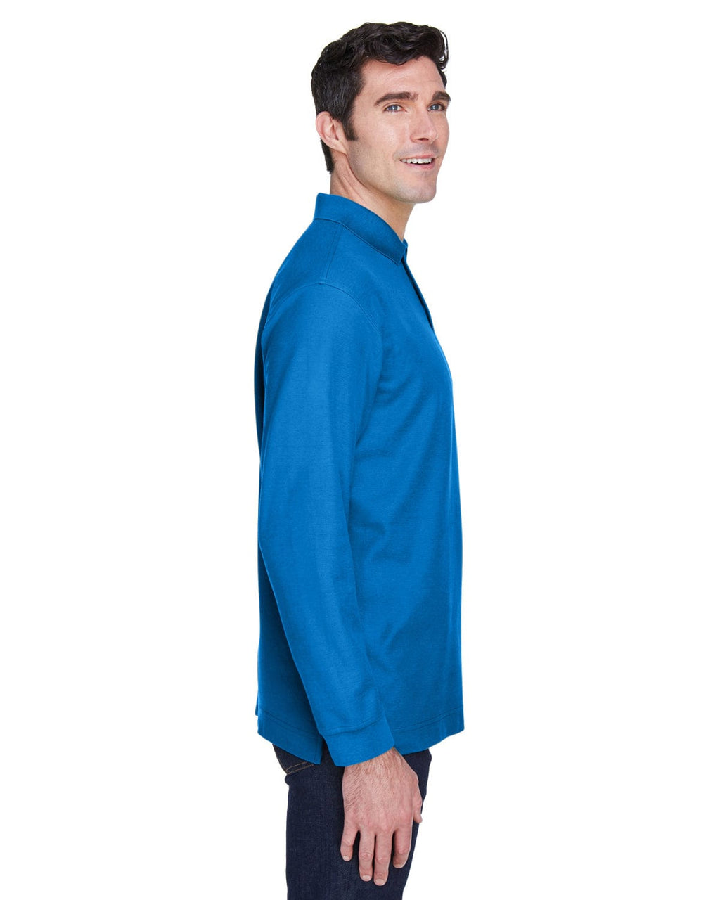 Devon & Jones Fine Pima Pique Long Sleeve Polo Shirt D110 | French Blue - Side