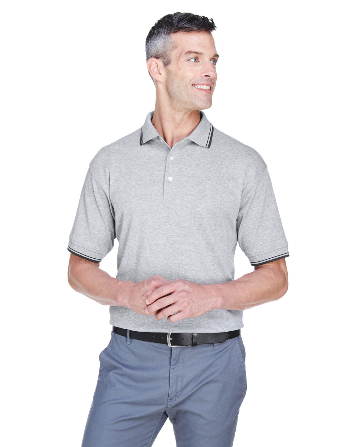 Devon & Jones Tipped Perfect Pima Polo Shirt D140 | Gry Heather/ Nvy - Front