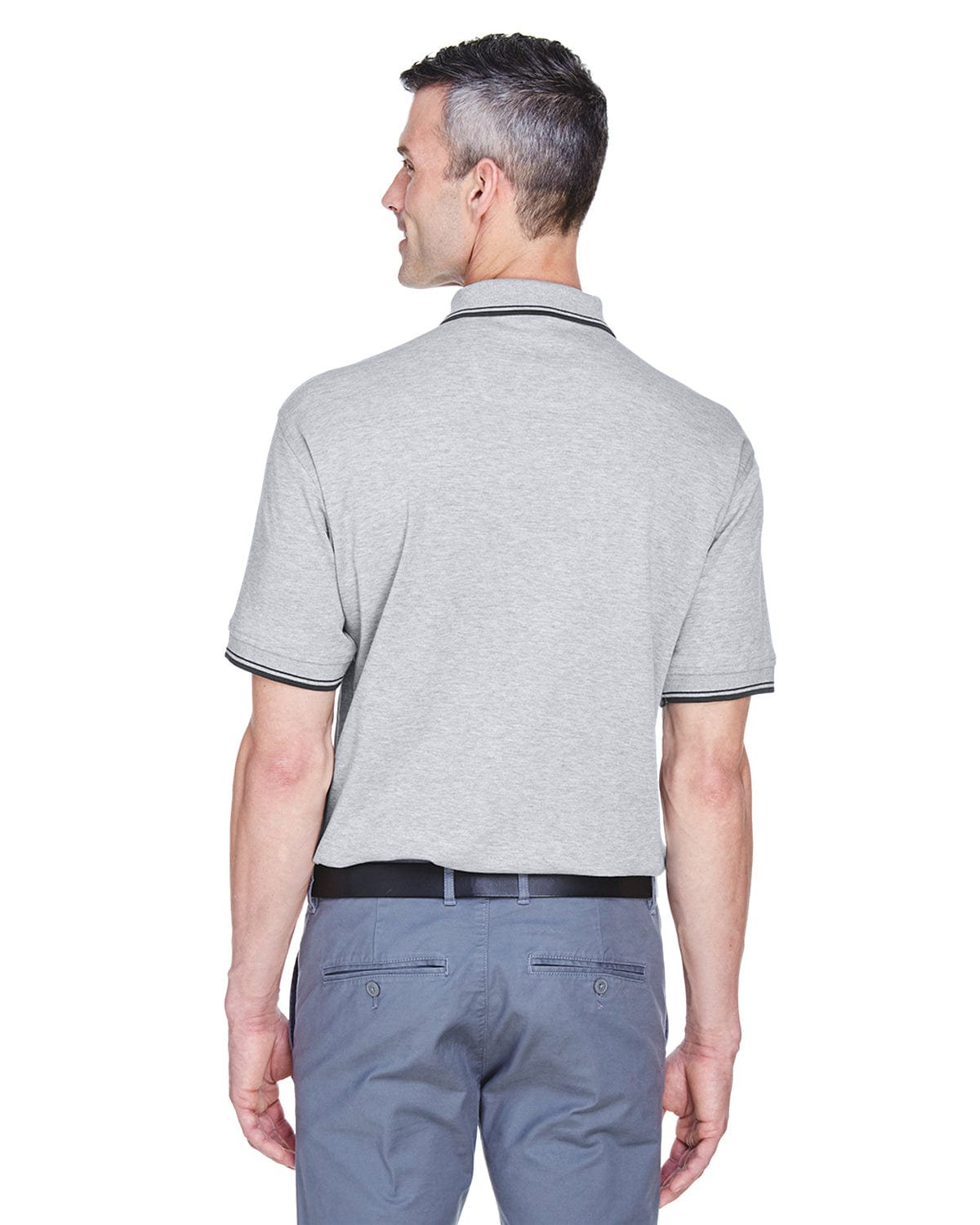 Devon & Jones Tipped Perfect Pima Polo Shirt D140 | Gry Heather/ Nvy - Back
