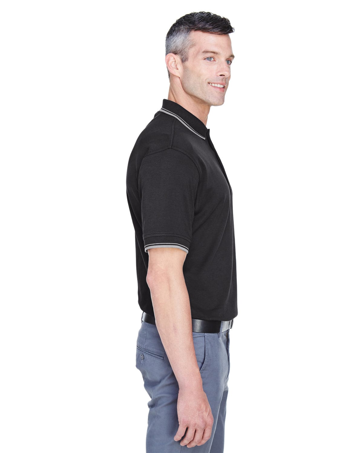 Devon & Jones Tipped Perfect Pima Polo Shirt D140 | Black/ Grey Hthr - Side