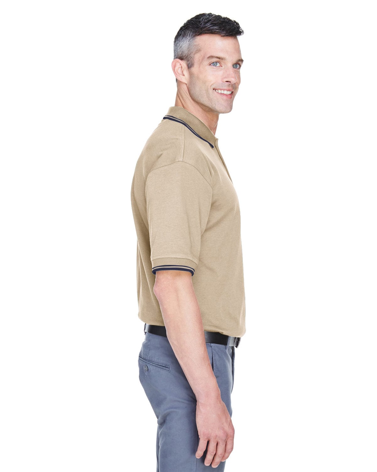 Devon & Jones Tipped Perfect Pima Polo Shirt D140 | Stone/ Navy - Side