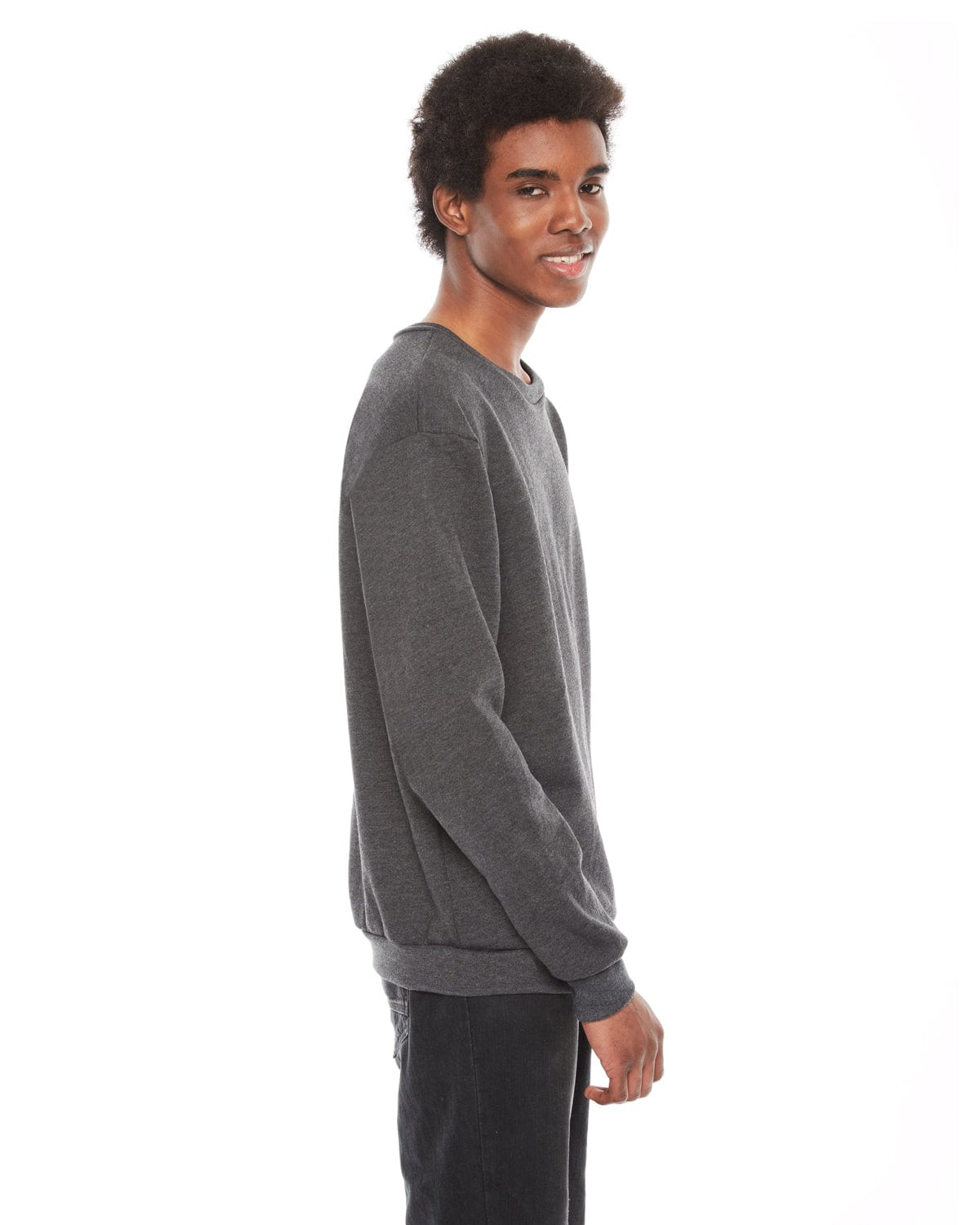 American Apparel Unisex Flex Fleece Drop Shoulder Pullover Crewneck F496W | Dk Heather Grey - Side