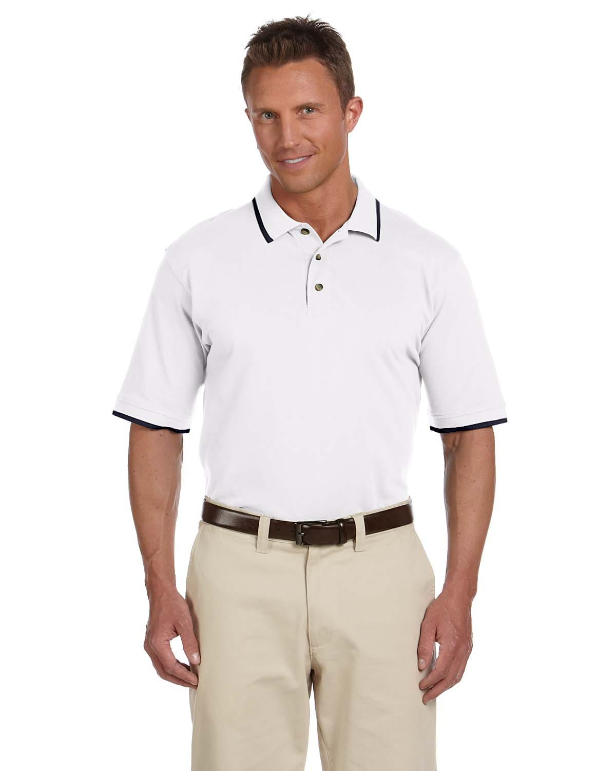 Harriton Pique Knit Polo Shirt with Tipped Collar M210 | White/ Navy - Front