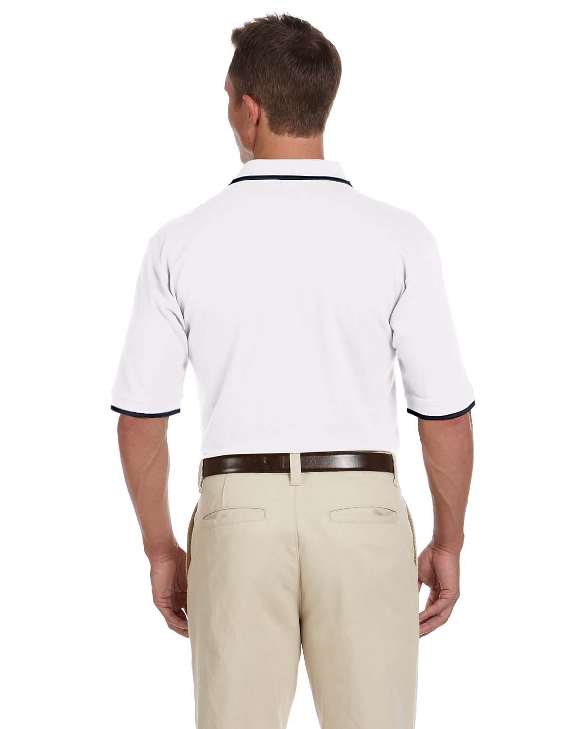Harriton Pique Knit Polo Shirt with Tipped Collar M210 | White/ Navy - Back