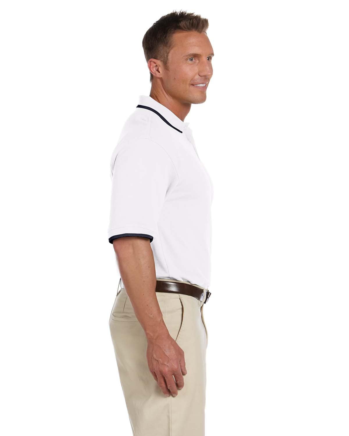 Harriton Pique Knit Polo Shirt with Tipped Collar M210 | White/ Navy - Side