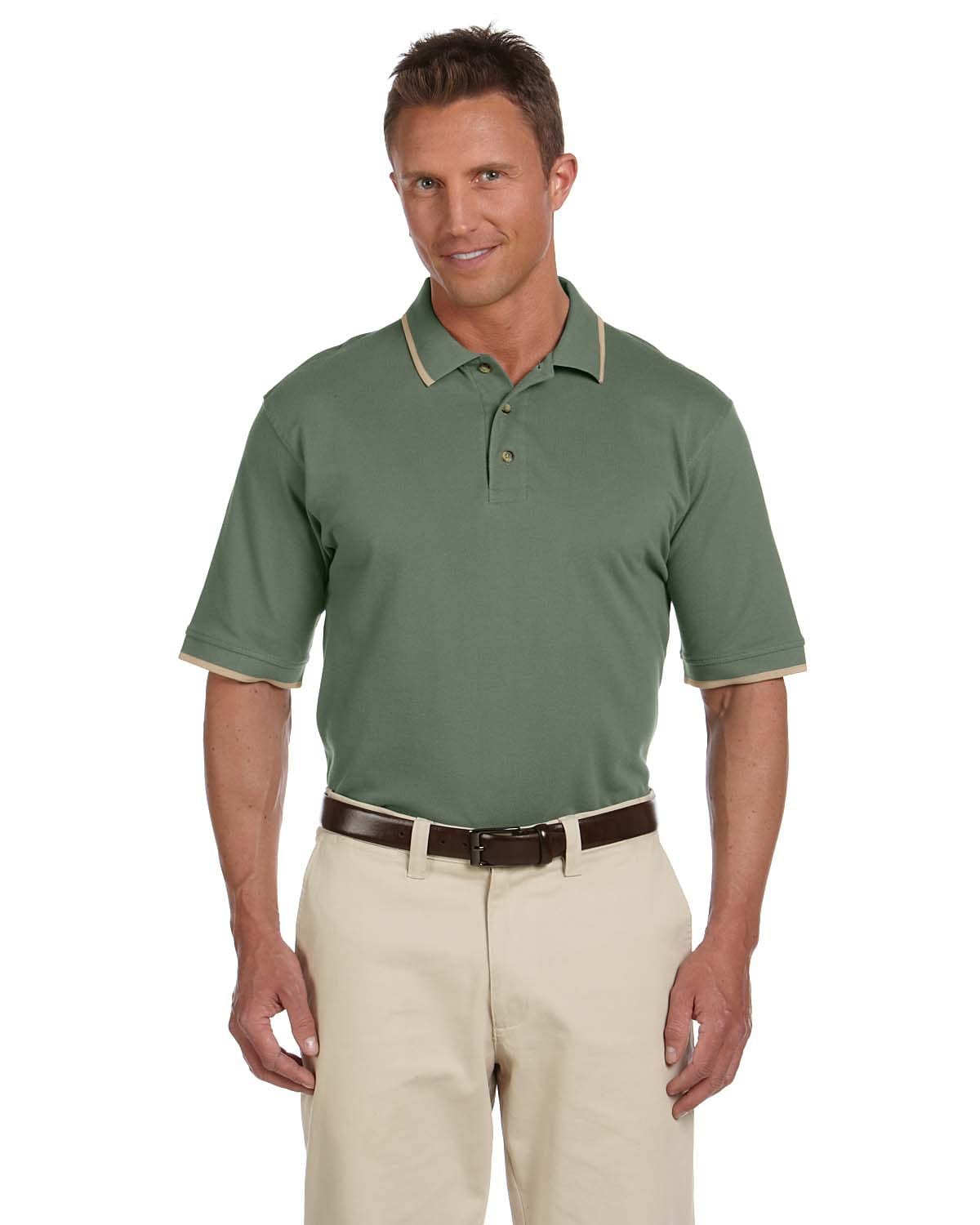 Harriton Pique Knit Polo Shirt with Tipped Collar M210 | Dill/ Stone - Front