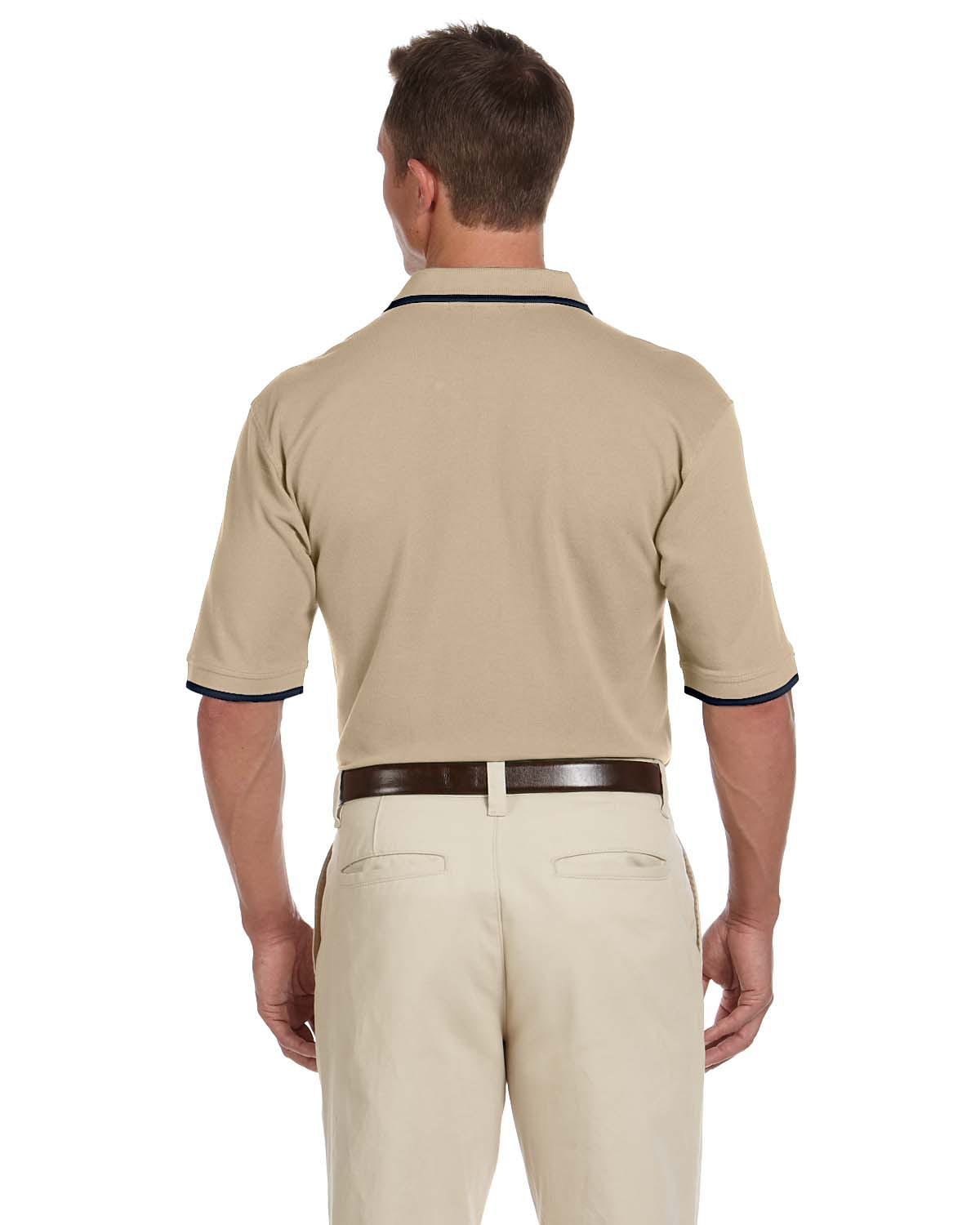 Harriton Pique Knit Polo Shirt with Tipped Collar M210 | Stone/ Navy - Back