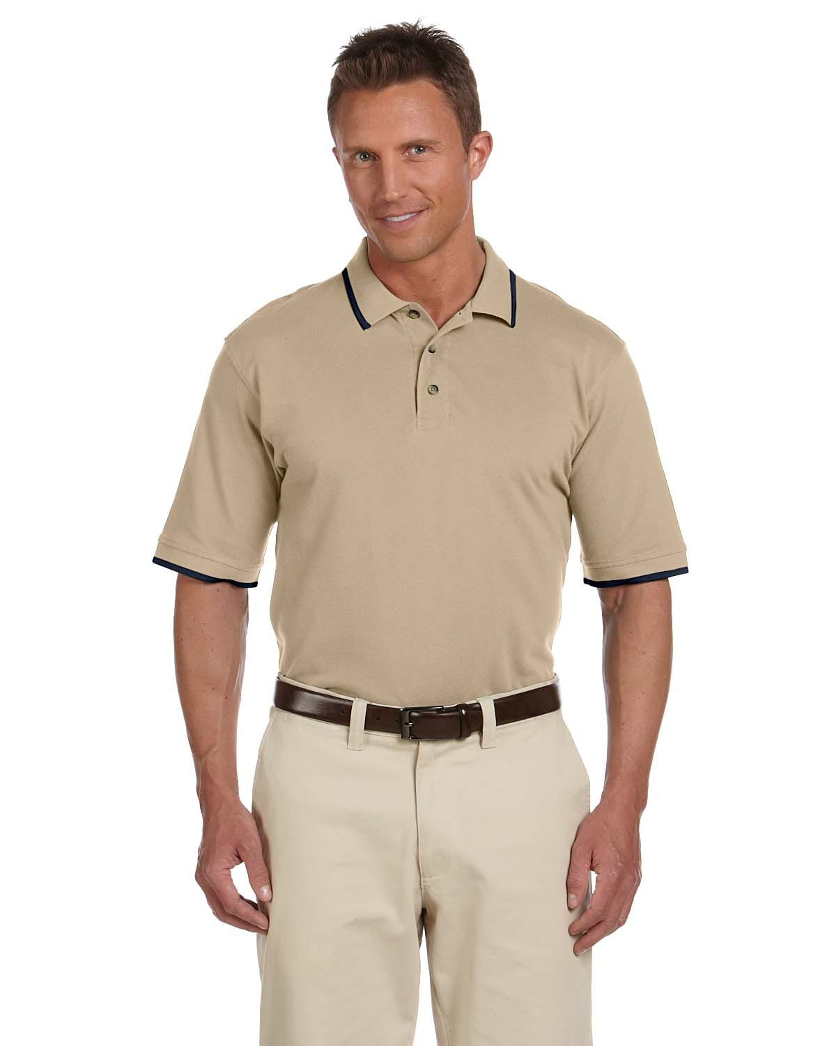 Harriton Pique Knit Polo Shirt with Tipped Collar M210 | Stone/ Navy - Front