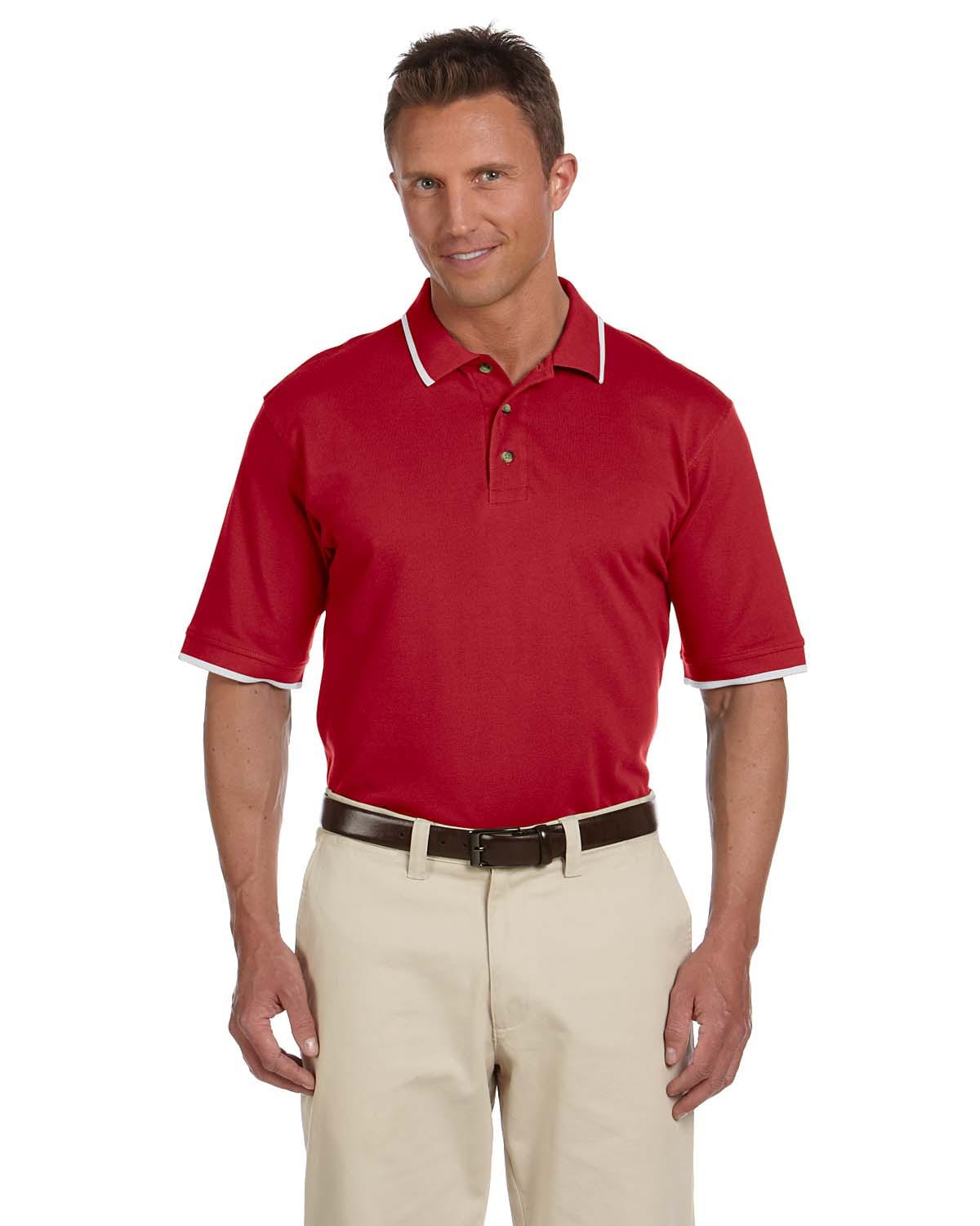 Harriton Pique Knit Polo Shirt with Tipped Collar M210 | Red/ White - Front