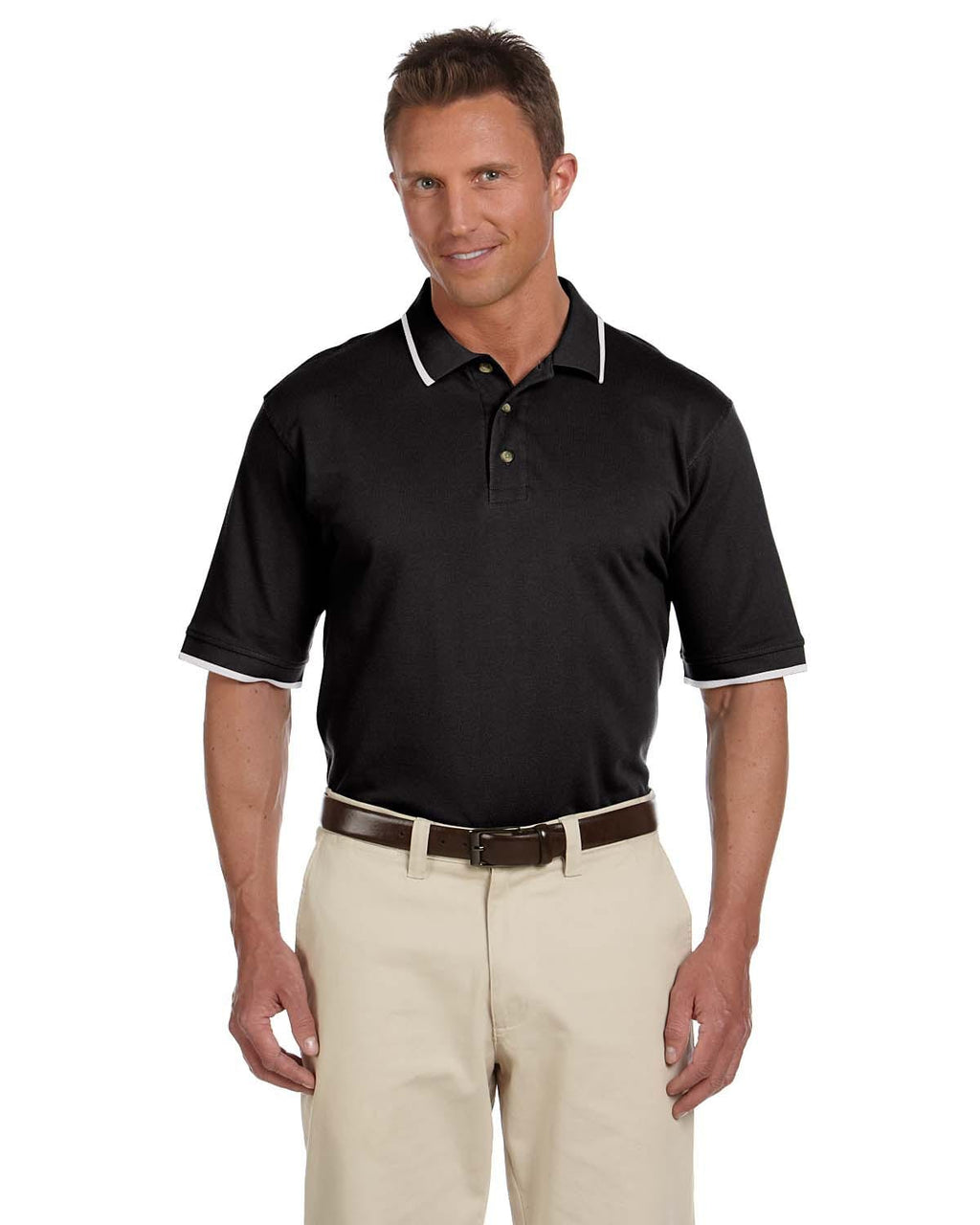 Harriton Pique Knit Polo Shirt with Tipped Collar M210 | Black/ White - Front