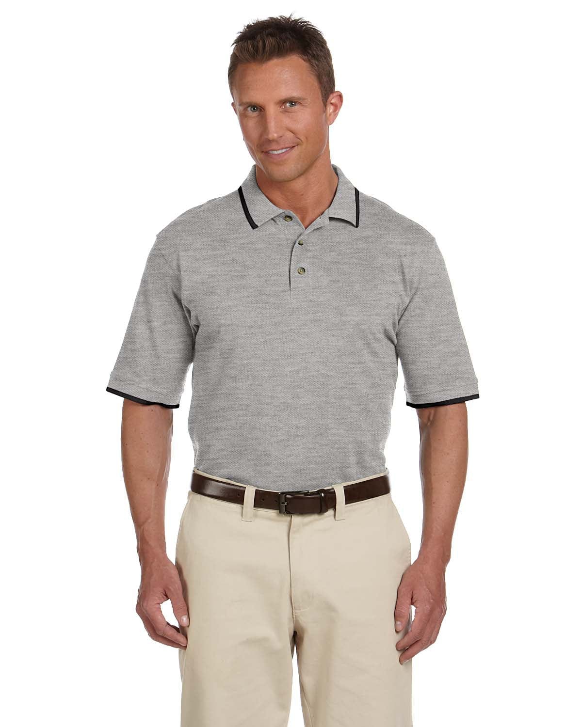 Harriton Pique Knit Polo Shirt with Tipped Collar M210 | Grey Hth/ Black - Front
