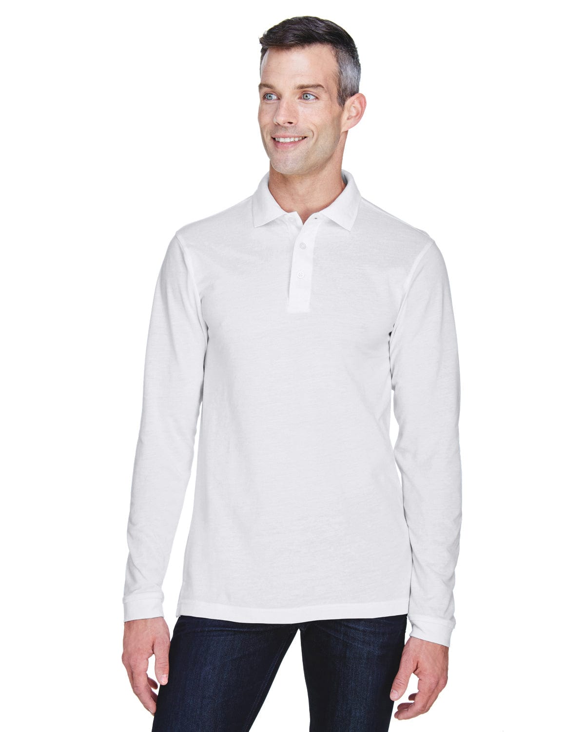 Harriton Easy Blend Long Sleeve Polo Shirt M265L | White - Front