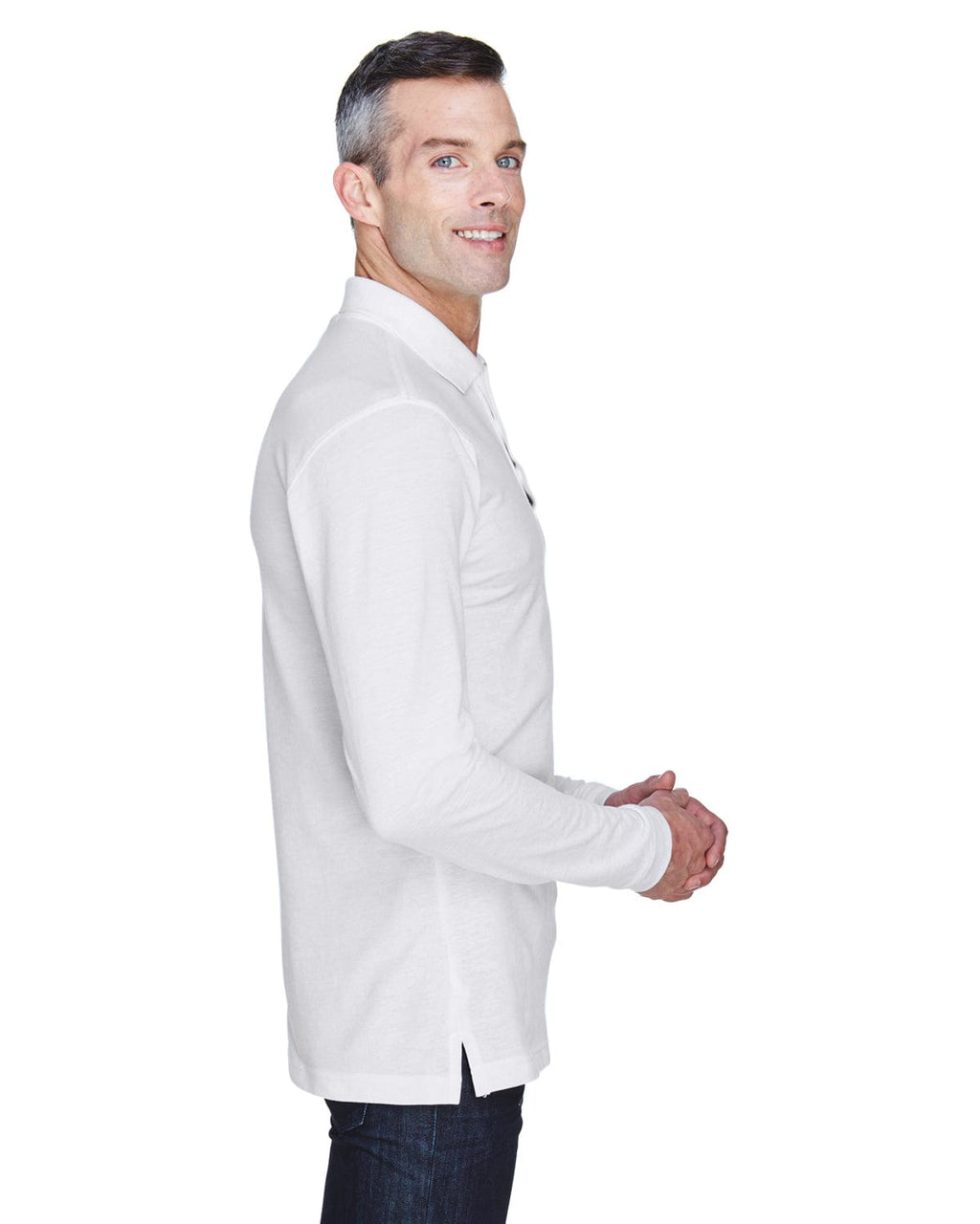 Harriton Easy Blend Long Sleeve Polo Shirt M265L | White - Side