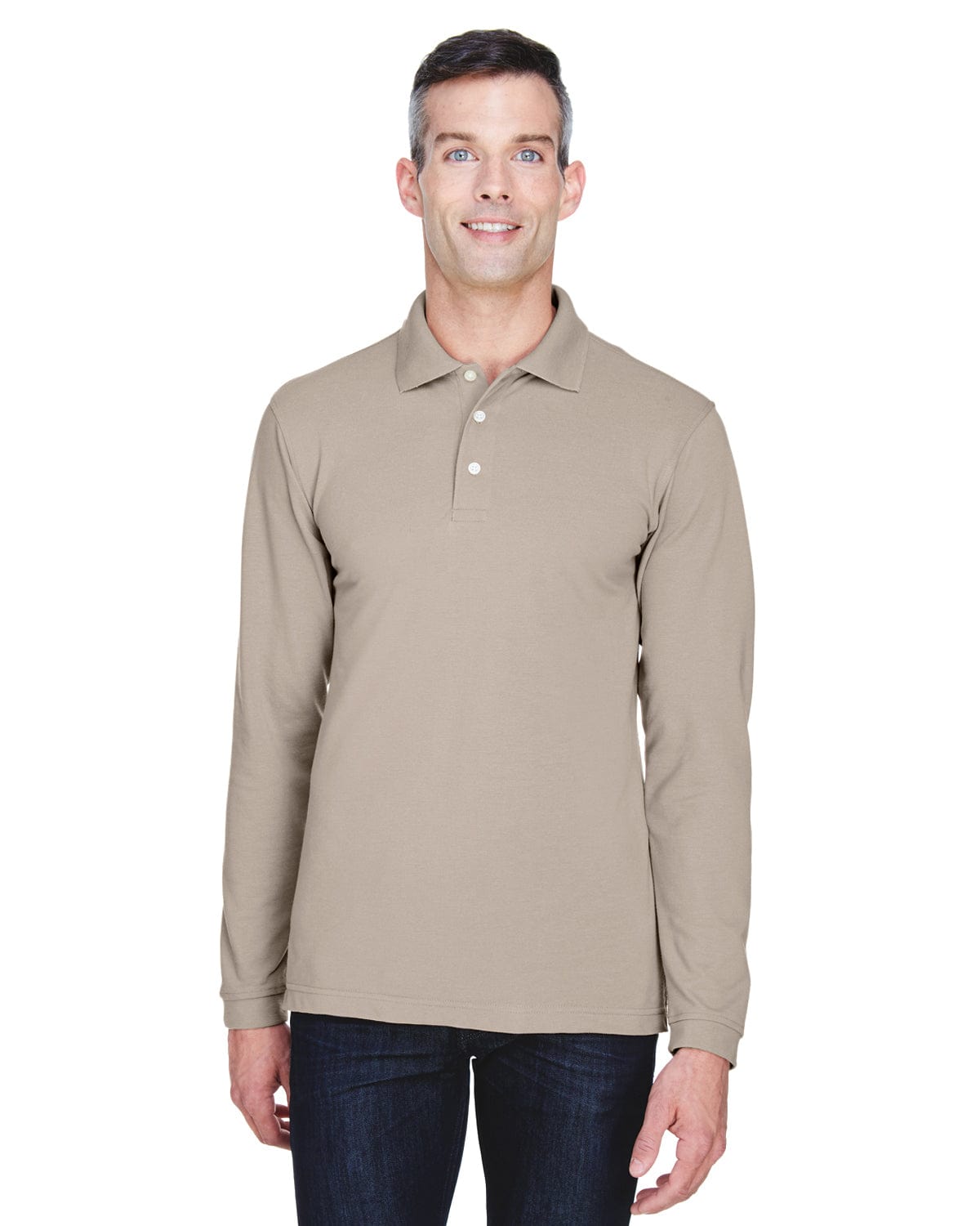 Harriton Easy Blend Long Sleeve Polo Shirt M265L | Stone - Front
