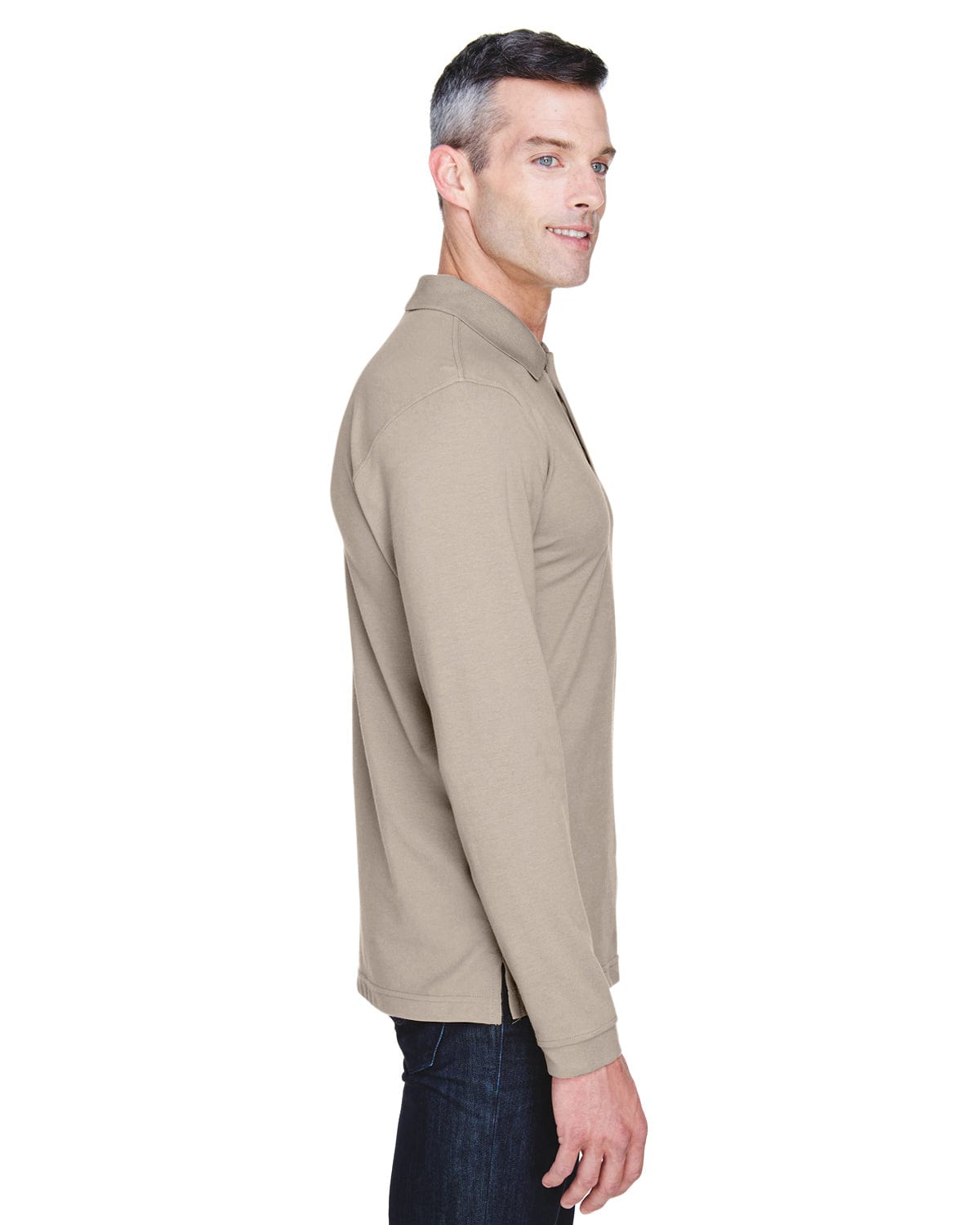 Harriton Easy Blend Long Sleeve Polo Shirt M265L | Stone - Side