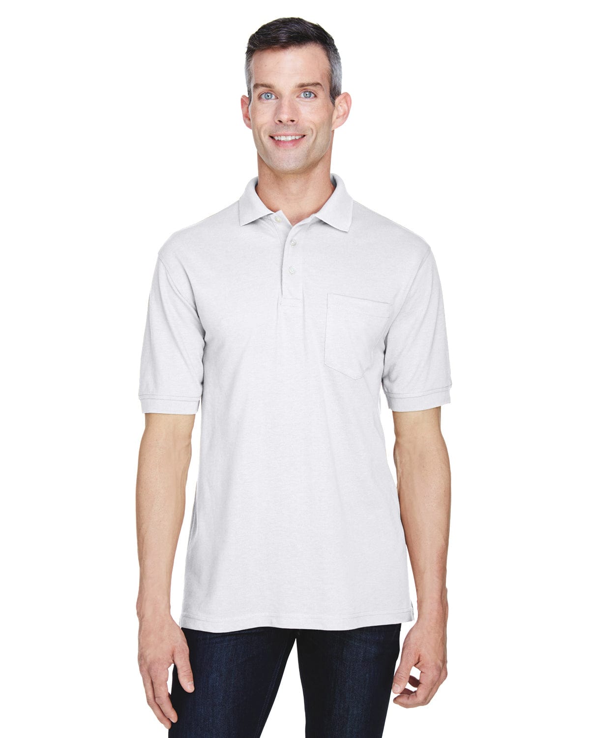 Harriton Easy Blend Pocket Polo Shirt M265P | White - Front