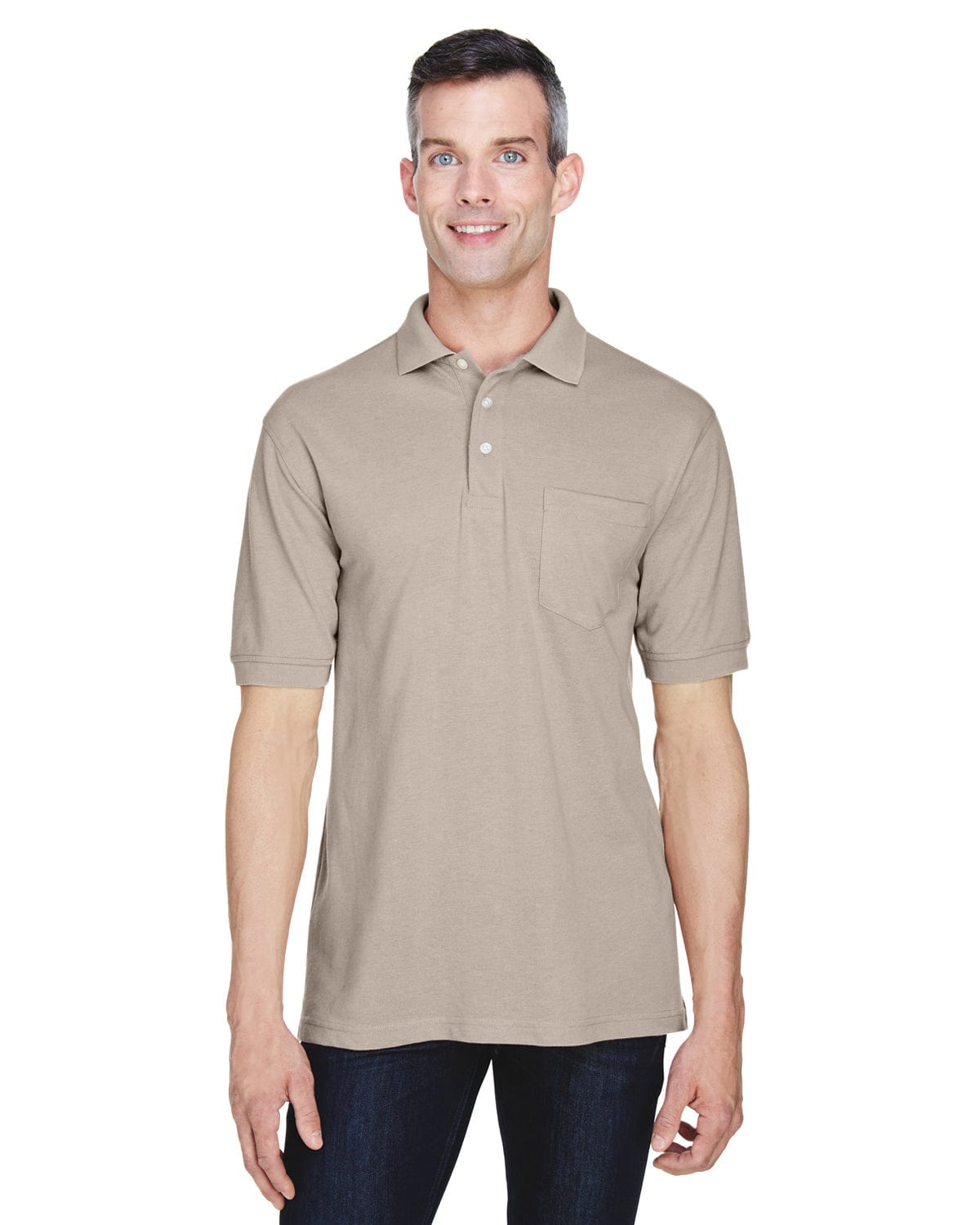 Harriton Easy Blend Pocket Polo Shirt M265P | Stone - Front