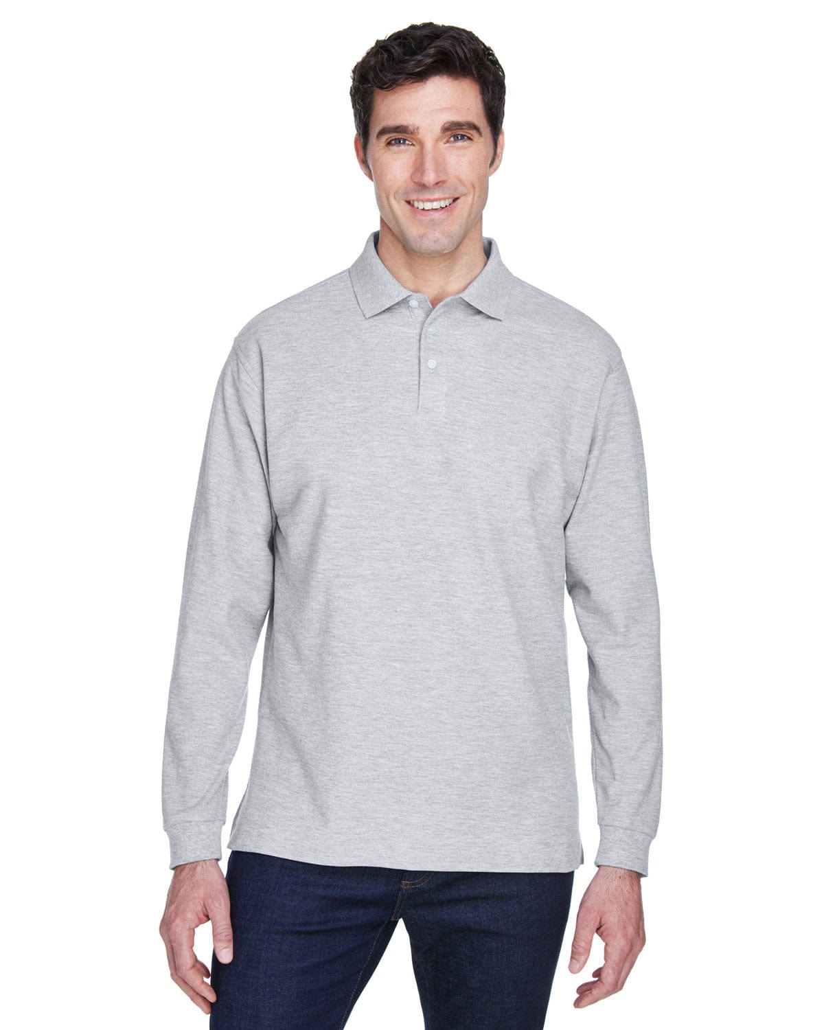 Devon & Jones Fine Pima Pique Long Sleeve Polo Shirt D110 | Grey Heather - Front