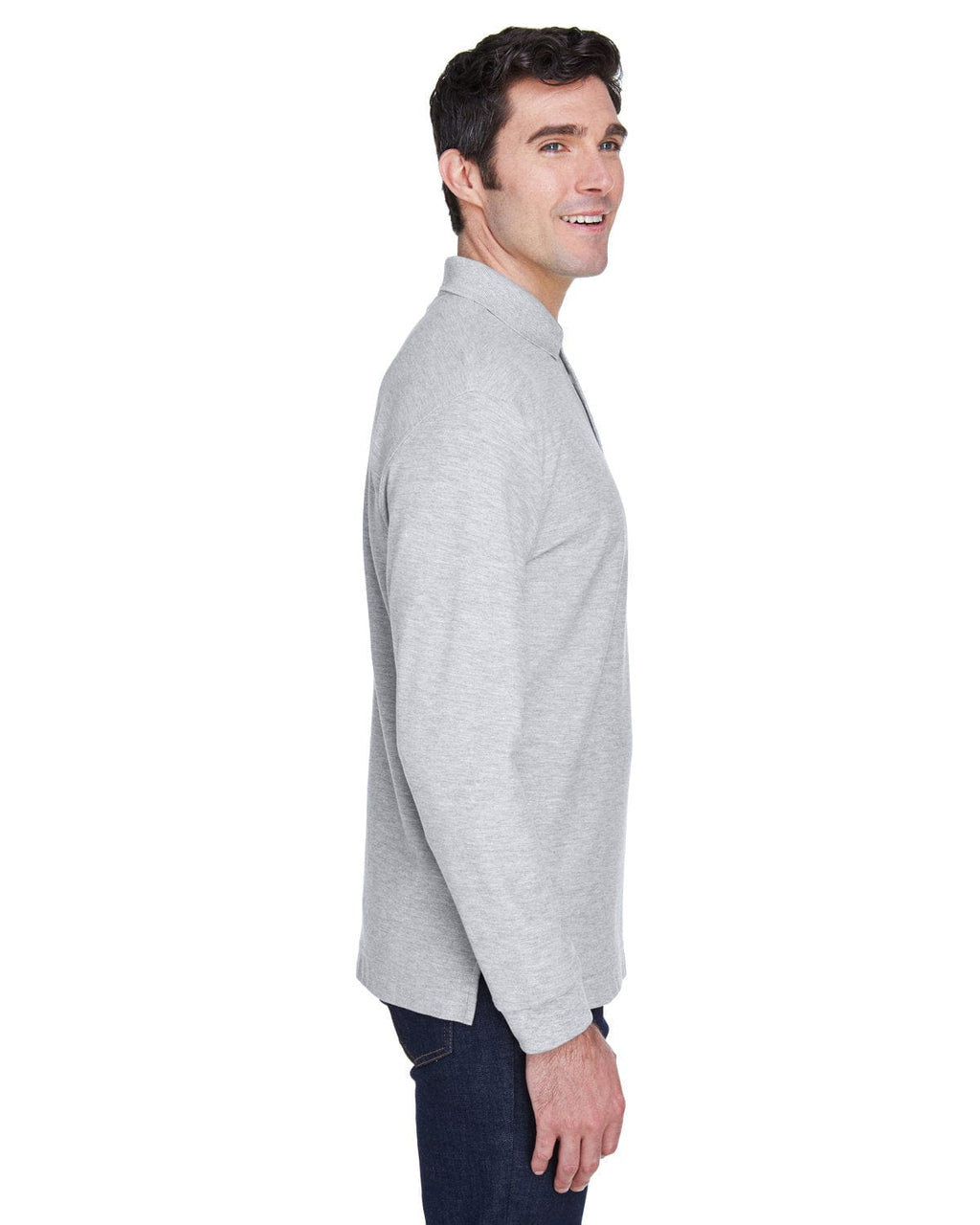 Devon & Jones Fine Pima Pique Long Sleeve Polo Shirt D110 | Grey Heather - Side