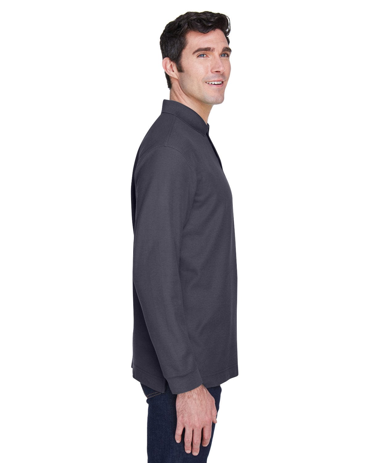 Devon & Jones Fine Pima Pique Long Sleeve Polo Shirt D110 | Navy - Side