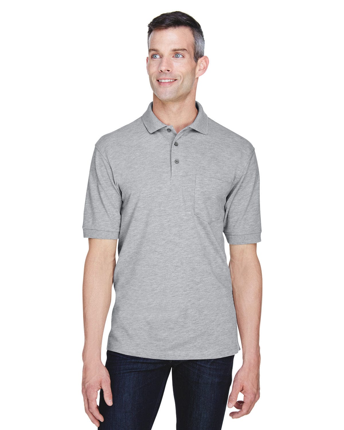 Harriton Easy Blend Pocket Polo Shirt M265P | Grey Heather - Front