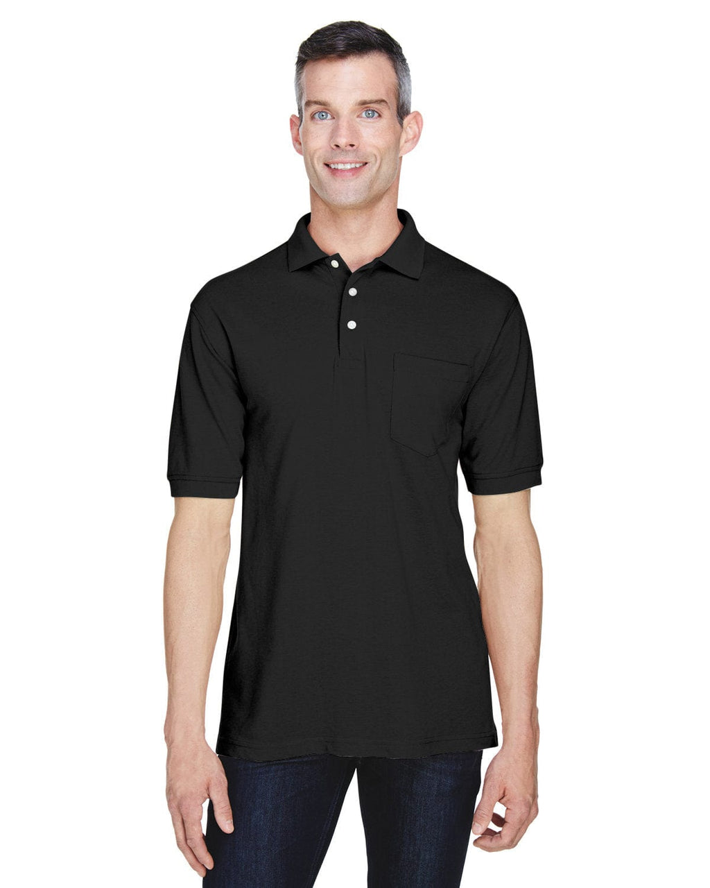 Harriton Easy Blend Pocket Polo Shirt M265P | Black - Front