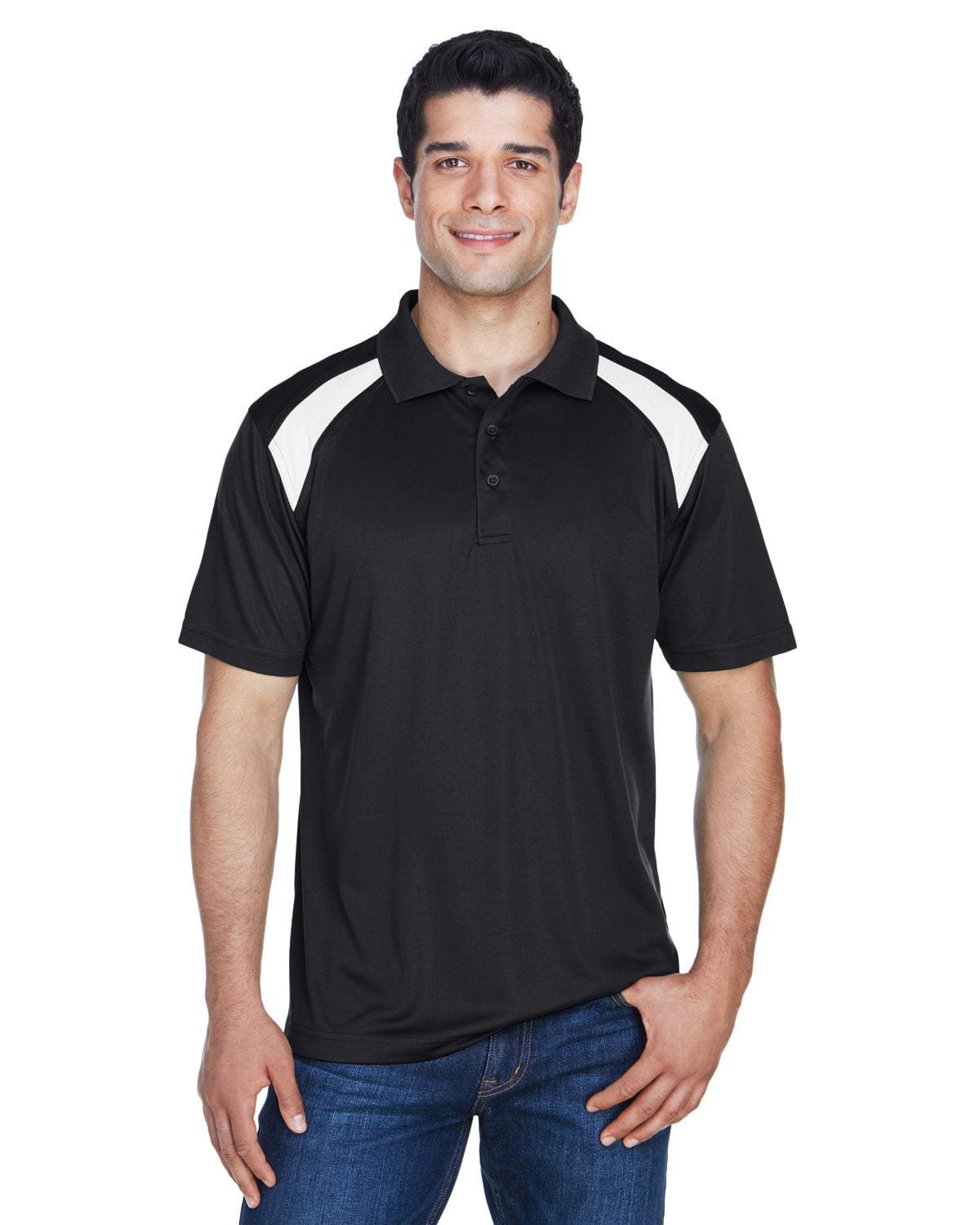 Harriton Polytech Colorblock Polo Shirt M318 | Black/ White - Front