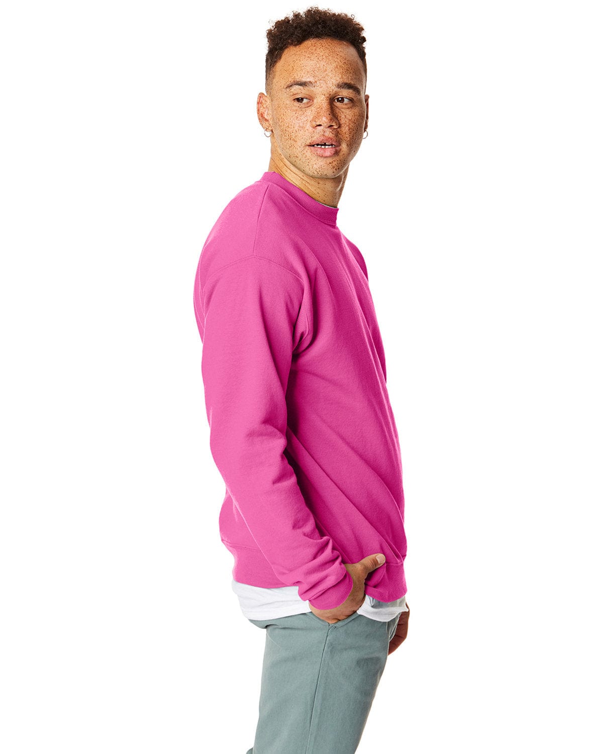 Hanes 50/50 Crewneck Sweatshirt P1607 | Wow Pink - Side