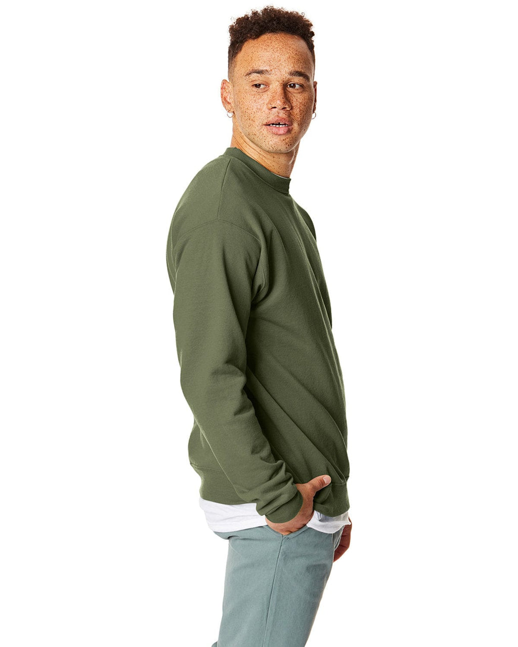 Hanes 50/50 Crewneck Sweatshirt P1607 | Fatigue Green - Side