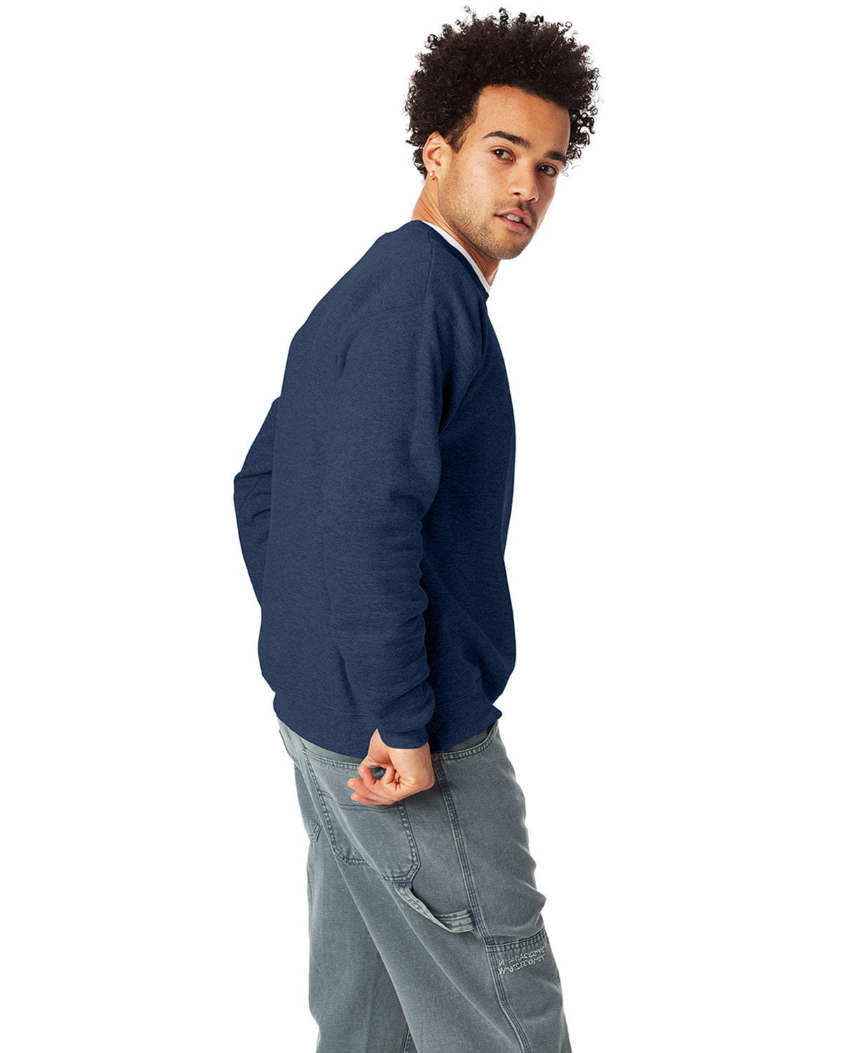 Hanes 50/50 Crewneck Sweatshirt P1607 | Heather Navy - Side