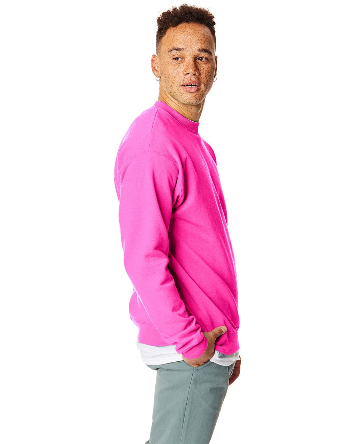 Hanes 50/50 Crewneck Sweatshirt P1607 | Safety Pink - Side